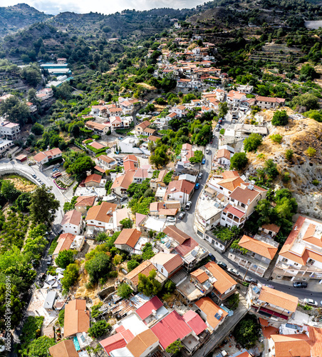 Aerial view of a picturesque Agros village nestled in the mountains of Troodos. Limassol District, Cyprus photo