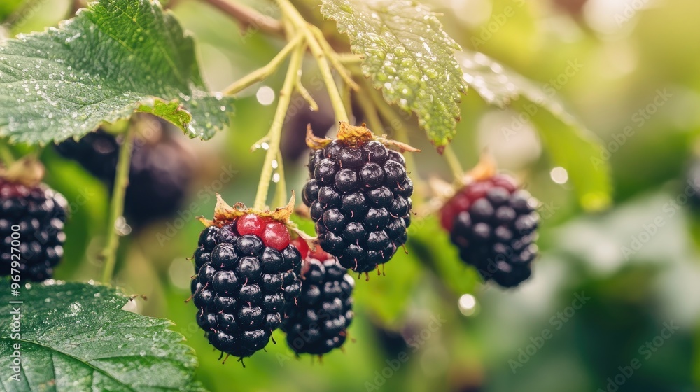 Ripe Blackberries Hanging on a Branch, Close-up Macro Photography of a Bush, Juicy and Sweet Berries, Summer Fruit, Freshness and Bounty Ripe Blackberries Hanging on a Branch, Close-up Macro Photography of a Bush, Juicy and Sweet Berries, Summer Fruit, Freshness and Bounty
