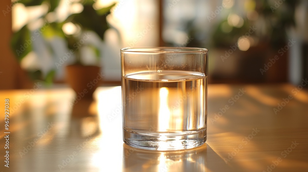 A glass of clean water standing on a wooden surface A glass of clean water standing on a wooden surface