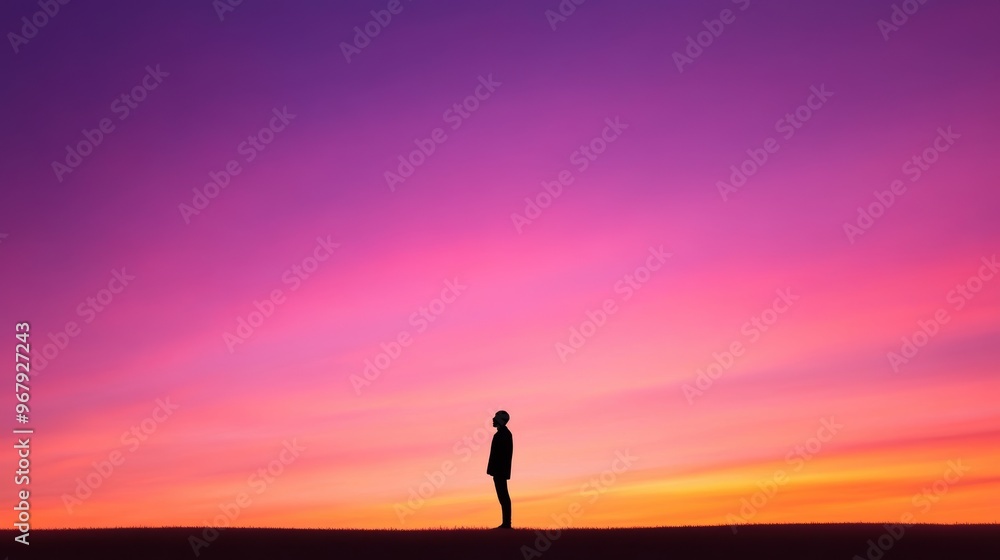 Fototapeta premium A solitary figure silhouetted against a vibrant orange and purple sky, the soft glow of twilight illuminating the horizon.