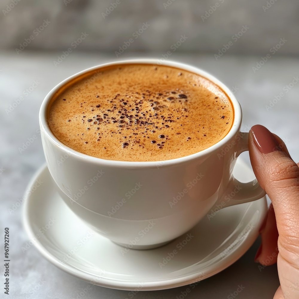 Top-Down View of Hand Holding Coffee Cup on Light Background Top-Down View of Hand Holding Coffee Cup on Light Background