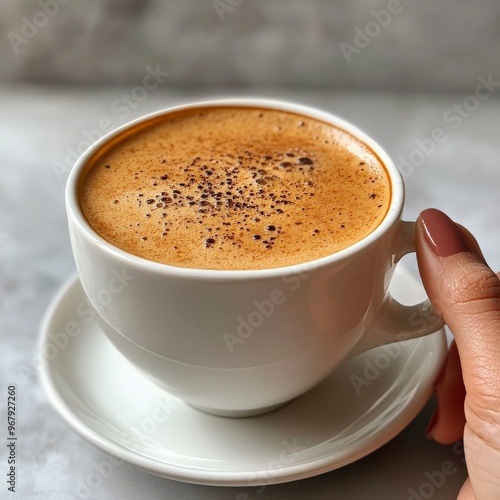 Top-Down View of Hand Holding Coffee Cup on Light Background