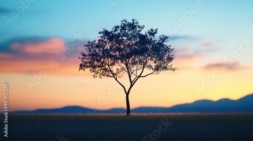 A single tree stands tall against the twilight sky, its branches reaching up to embrace the fading light, a solitary sentinel in the gathering darkness.