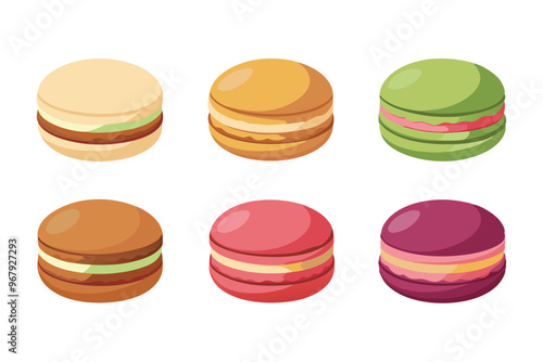 Set of different types Macaron cookies drawing vector illustration on white background