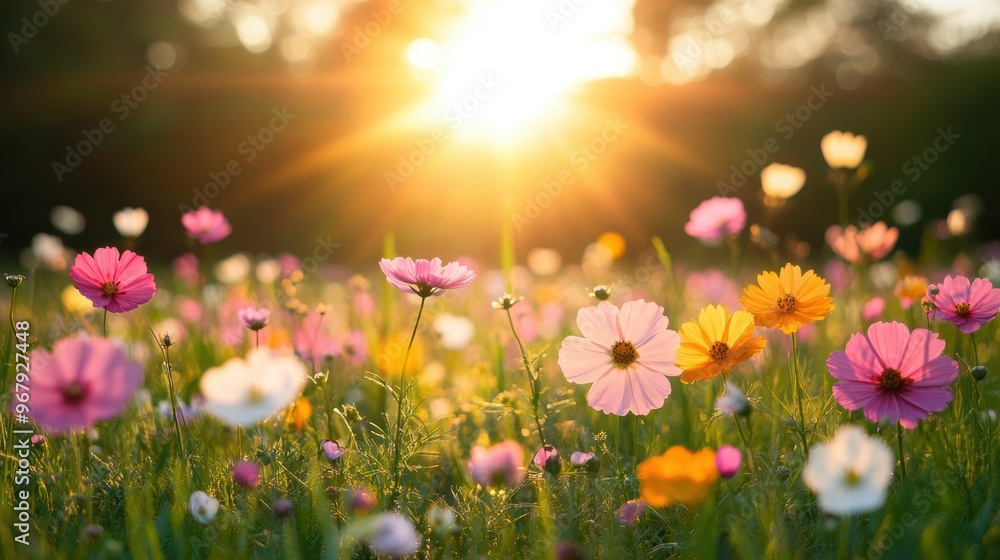 A field of wildflowers bathed in the golden light of the setting sun, casting long shadows across the delicate petals. A field of wildflowers bathed in the golden light of the setting sun, casting long shadows across the delicate petals.