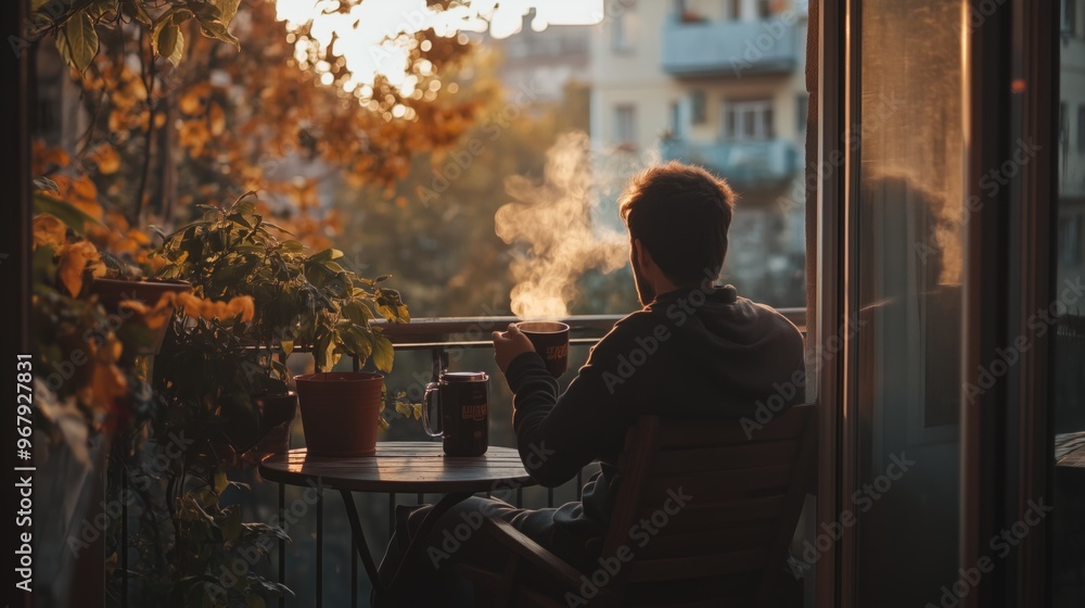 A person enjoys a warm beverage on a balcony surrounded by autumn foliage during a golden sunset in a cozy urban setting A person enjoys a warm beverage on a balcony surrounded by autumn foliage during a golden sunset in a cozy urban setting