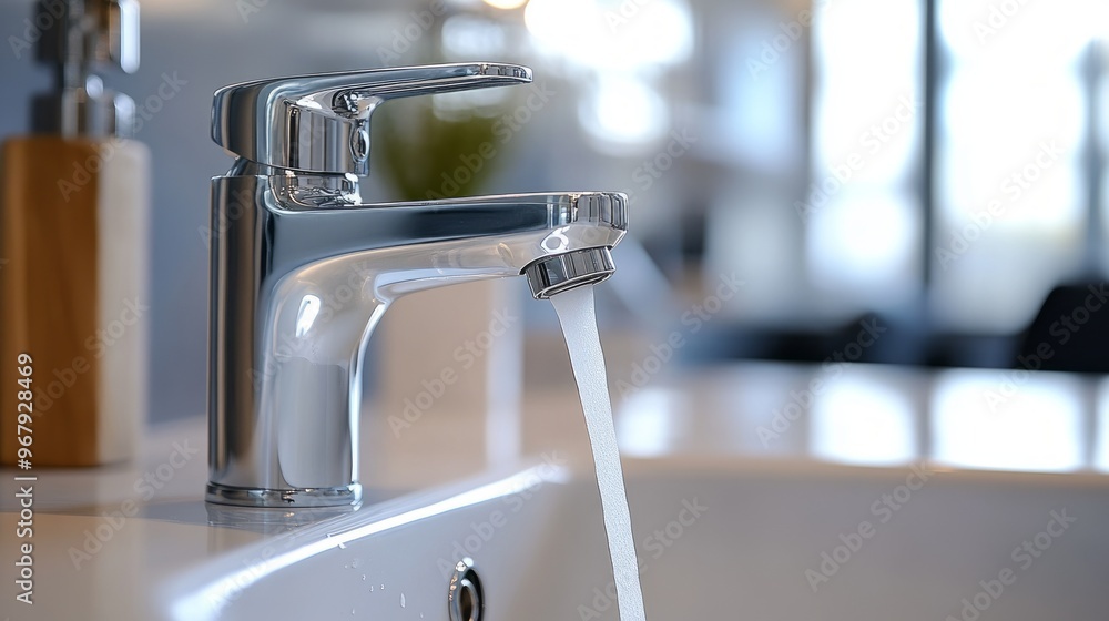 A faucet with water flowing in a brightly lit kitchen. The importance of access to clean water A faucet with water flowing in a brightly lit kitchen. The importance of access to clean water