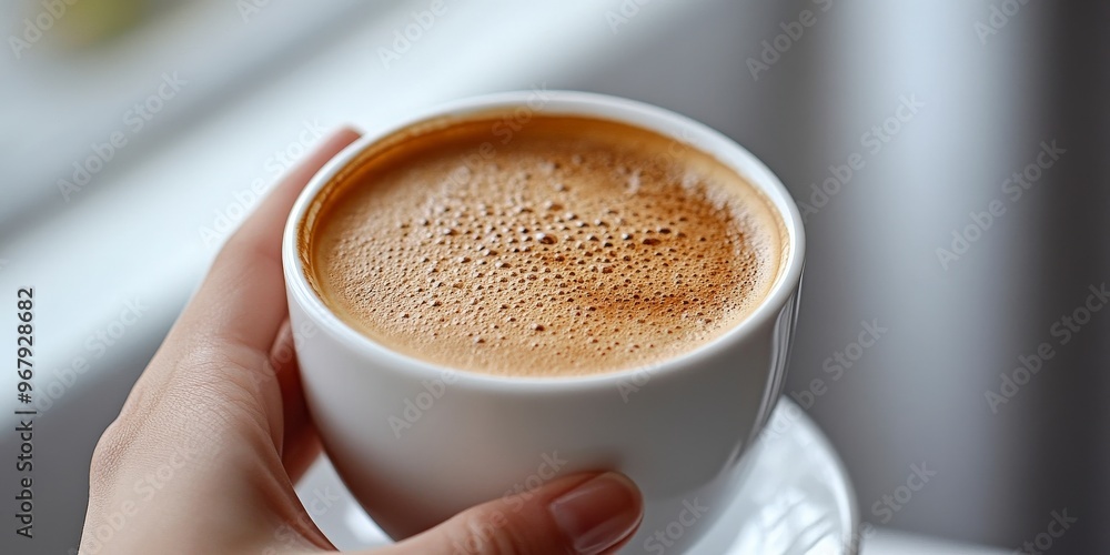 Obraz premium Top-Down View of Hand Holding Coffee Cup on Light Background