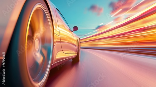 A sleek, futuristic car speeding down a highway, leaving a blur of motion.