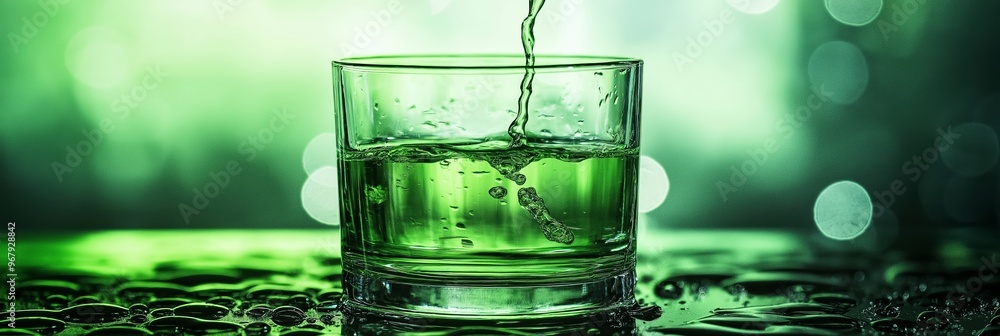 Green liquid being poured into a clear glass with droplets and bubbles, evoking freshness and cleanliness. Green liquid being poured into a clear glass with droplets and bubbles, evoking freshness and cleanliness.