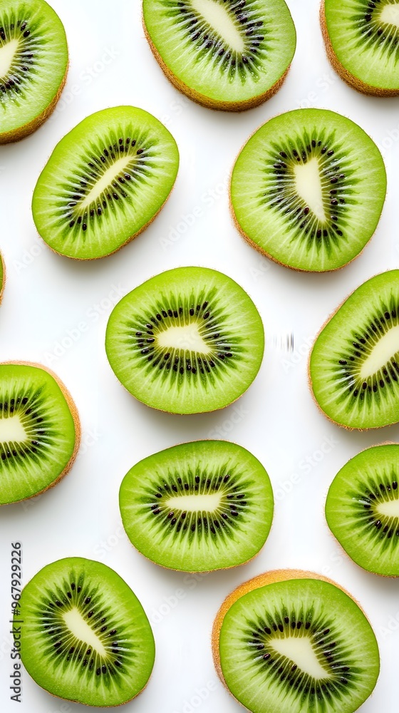 Sliced kiwi fruit arranged on a white surface. Sliced kiwi fruit arranged on a white surface.