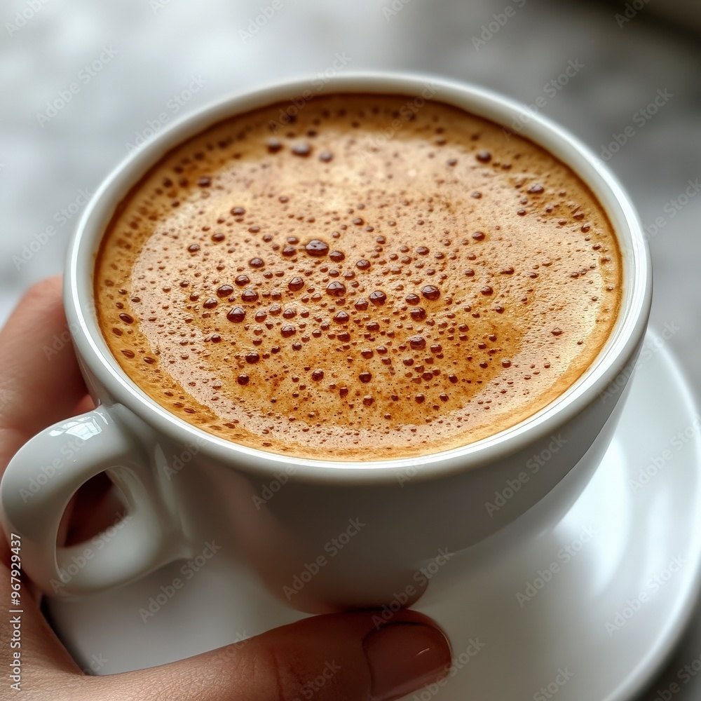 Top-Down View of Hand Holding Coffee Cup on Light Background Top-Down View of Hand Holding Coffee Cup on Light Background