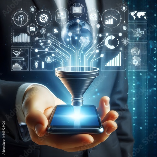 Digital Sales Funnel on a phone screen in a human hand. Big Data Concept on Technological Background. Abstract Data Flow and Filter. Low Poly Wireframe Vector Illustration in futuristic style._upscayl