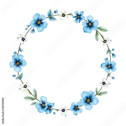 Wreaths, floral frames, watercolor flowers blue, Illustration hand painted. Isolated on white background. Perfectly for greeting card design., Floral frame with watercolor tropical leaves