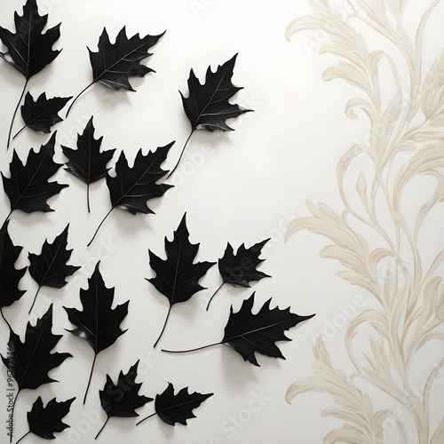 Black leaves on white background, floral pattern background wallpaper
