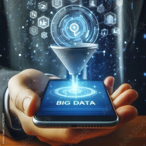 Digital Sales Funnel on a phone screen in a human hand. Big Data Concept on Technological Background. Abstract Data Flow and Filter. Low Poly Wireframe Vector Illustration in futuristic style._upscayl