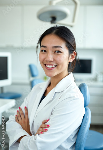 Confident Asian female dentist in dental clinic healthcare professional doctor medical office smiling arms crossed dentistry dental care teeth whitening oral hygiene