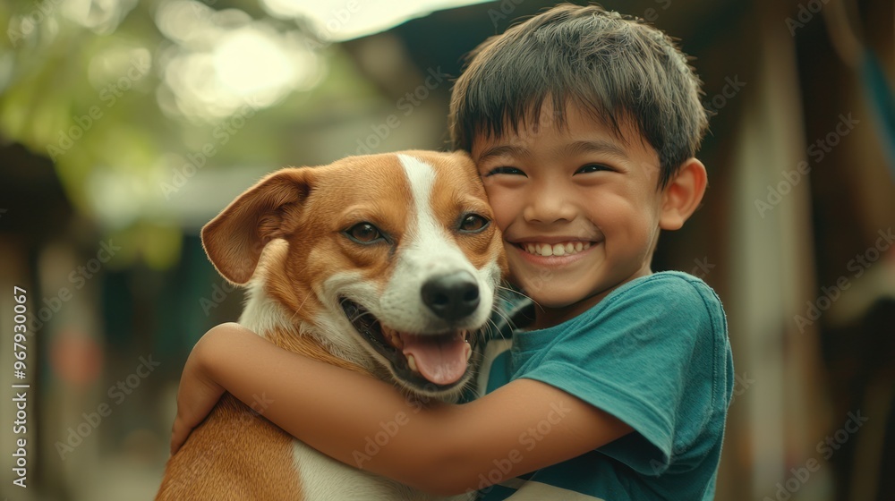A child hugging a pet dog tightly, both with happy expressions. A child hugging a pet dog tightly, both with happy expressions.