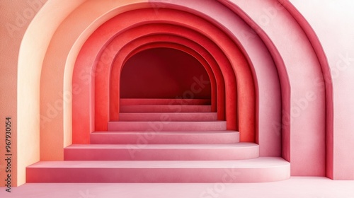 An artistic depiction of a staircase ascending through a series of arched doorways, all enveloped in pink and red hues, giving a dreamlike and futuristic ambiance.