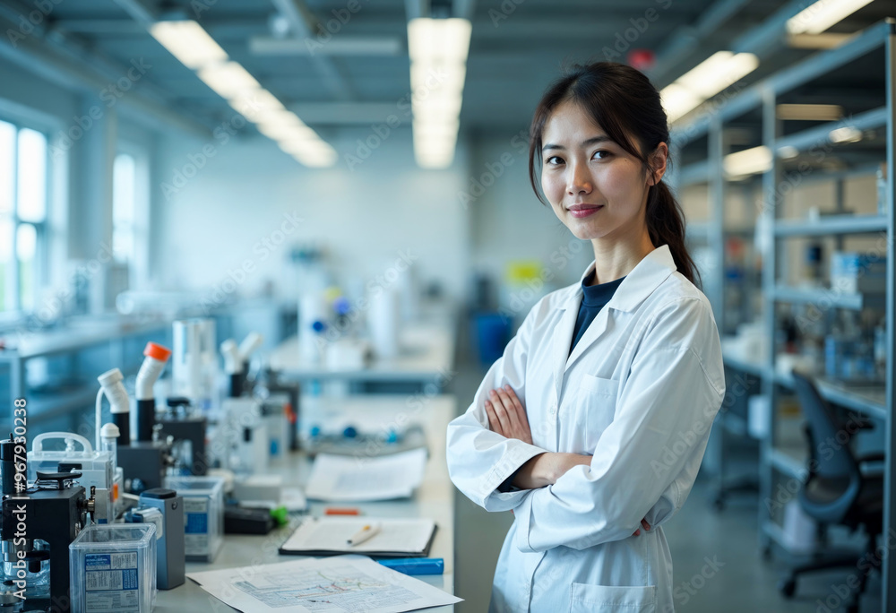 Confident Female Scientist Stands Arms Crossed in Laboratory Research Development Innovation Lab Experiment Science Technology Confident Female Scientist Stands Arms Crossed in Laboratory Research Development Innovation Lab Experiment Science Technology