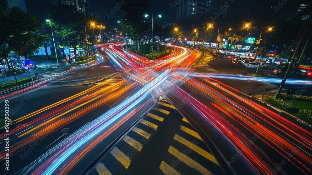Nighttime city intersection with light trails from moving vehicles. Nighttime city intersection with light trails from moving vehicles.