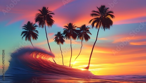 Vibrant retrowave neon palm trees against a stunning sunset, embodying synthwave aesthetics for summer travel and vacation-themed designs