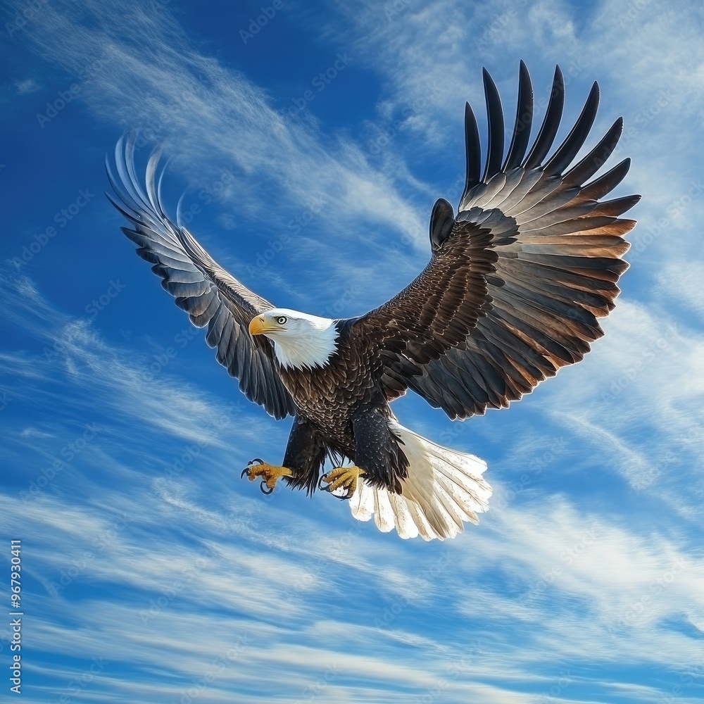 Obraz premium A majestic eagle soaring through the blue sky, showcasing its powerful wings and sharp features in stunning detail.