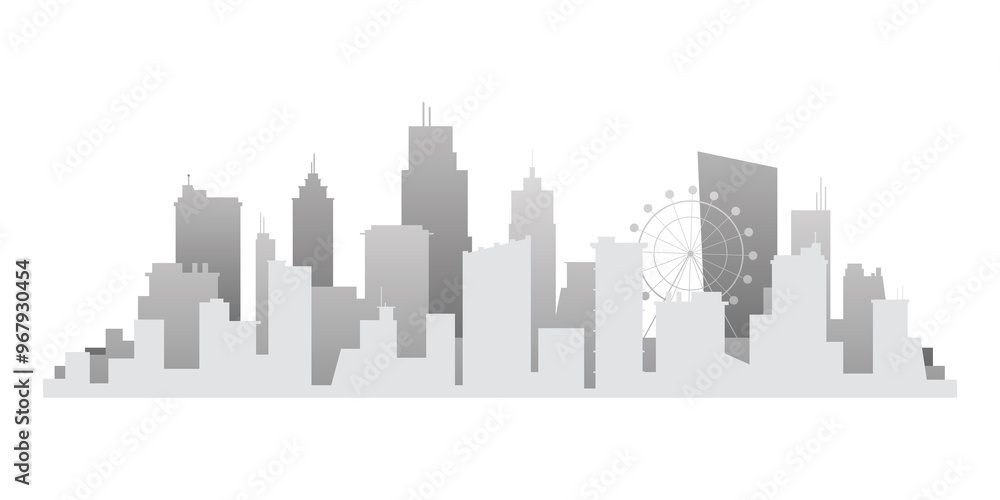 Fototapeta premium Gray silhouette cityscape png, transparent background