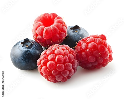 A cluster of raspberries and blueberries.
