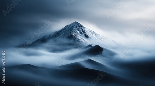 A breathtaking snow-capped mountain with rolling fog covering its base and dark, stormy skies above, creating a mystical and serene visual experience.