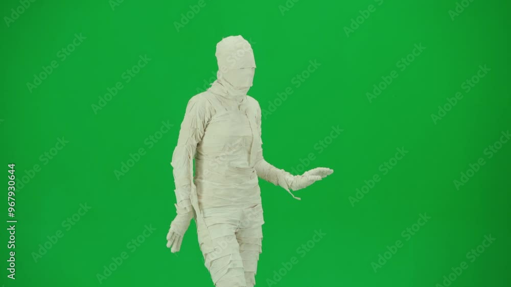 Portrait of person in a mummy bandage on chroma key green screen background. Mummy covered in white cloth ribbons walking with hands up. Portrait of person in a mummy bandage on chroma key green screen background. Mummy covered in white cloth ribbons walking with hands up.