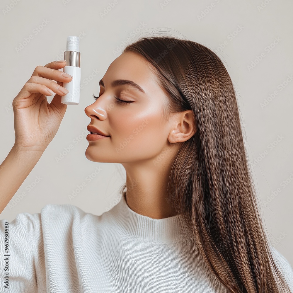 A serene woman applying facial mist, showcasing radiant skin and beauty care routine in a minimalist setting. A serene woman applying facial mist, showcasing radiant skin and beauty care routine in a minimalist setting.