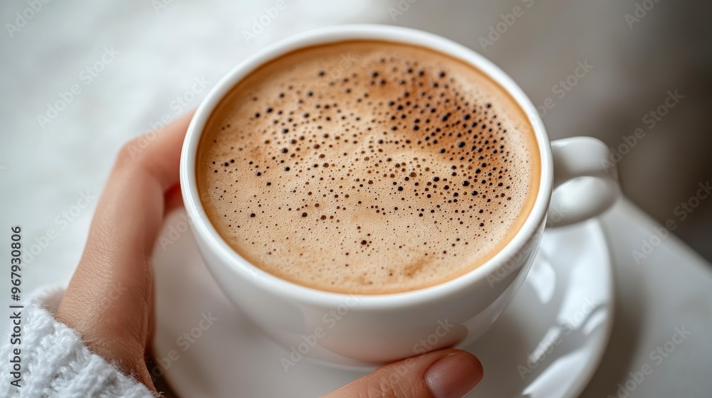 Top-Down View of Hand Holding Coffee Cup on Light Background Top-Down View of Hand Holding Coffee Cup on Light Background