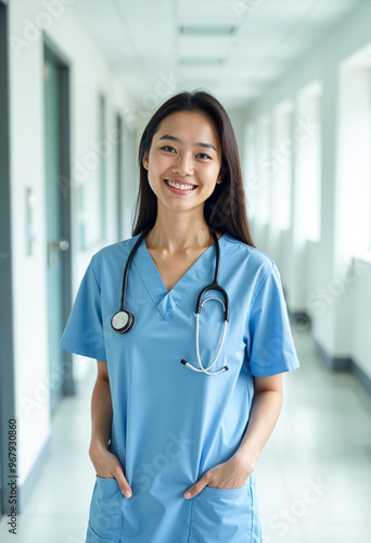 Portrait Of Smiling Asian Female Doctor In Hospital Corridor Wearing Blue Scrubs With Stethoscope Around Neck Medical Professional Healthcare Worker Medicine Concept