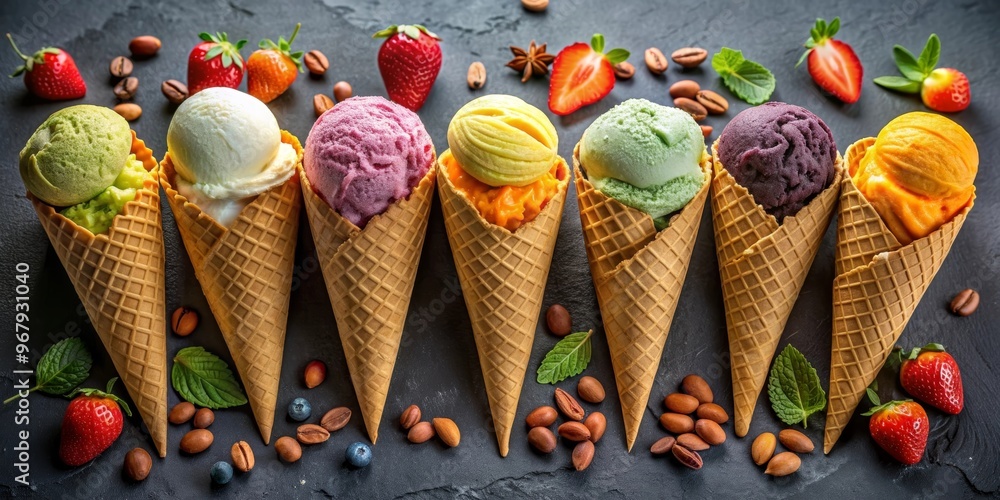 Obraz premium Ice cream cones with different flavors, strawberry, mint, orange, ice cream, pomegranate, grape, lemon, blueberry