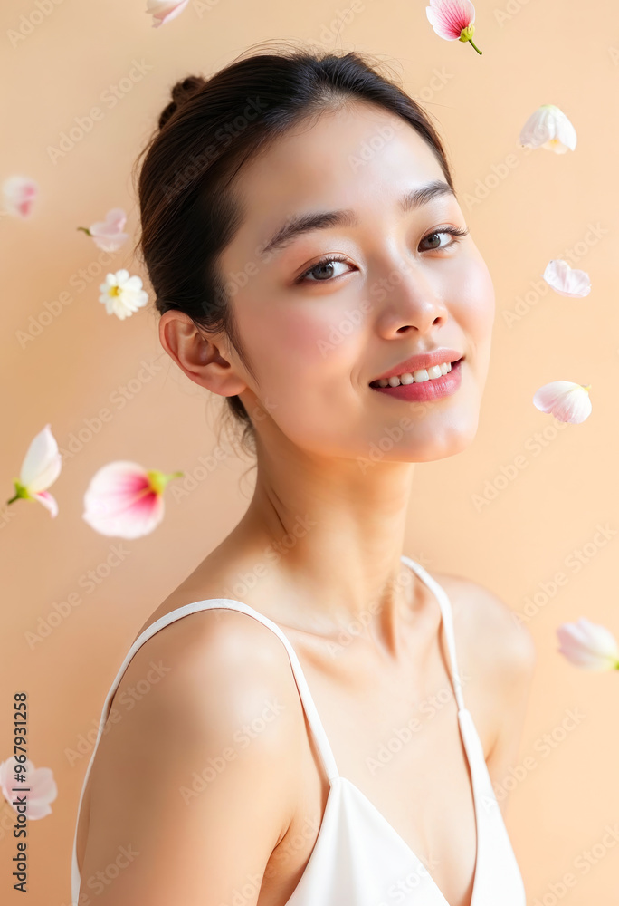 Beautiful Asian Woman with Clear Skin and Flowers Skincare Beauty Portrait Beautiful Asian Woman with Clear Skin and Flowers Skincare Beauty Portrait