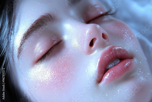 Close-up view of a serene face with glistening skin and soft features, conveying tranquility and beauty. photo