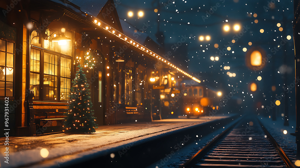 Railway station at night with Christmas tree. Railway station at night with Christmas tree.