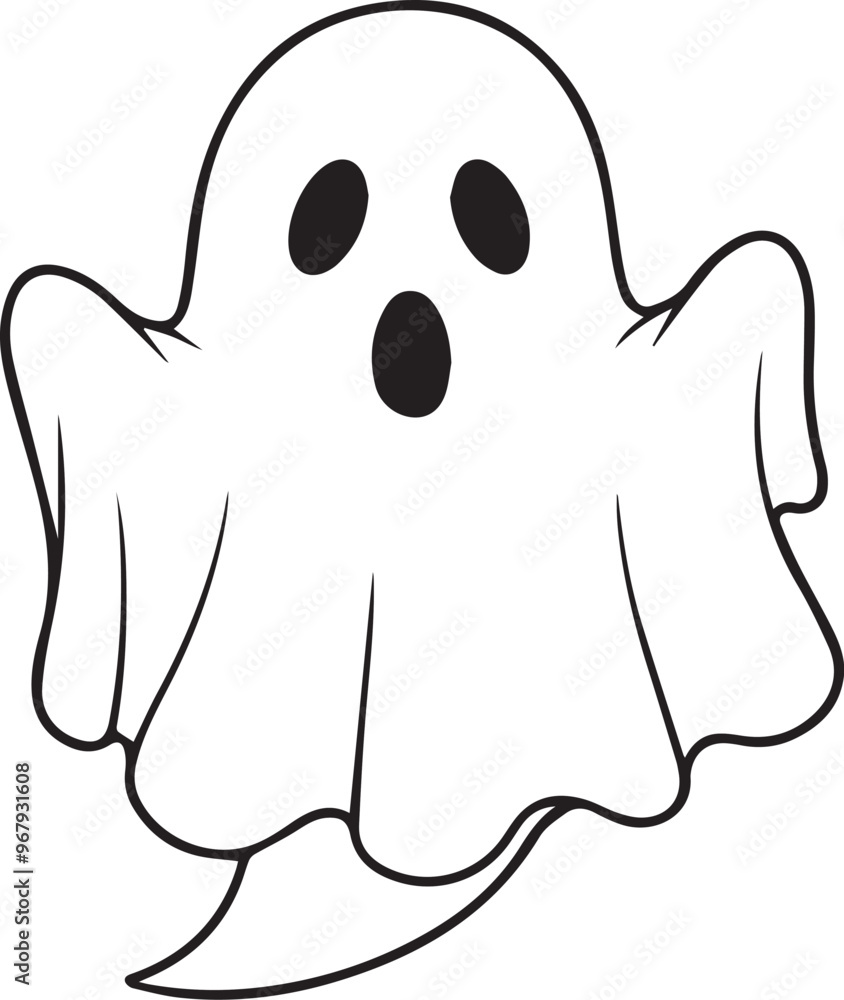 A simple and minimalist silhouette of a cheerful ghost. The ghost is completely white with a wide, friendly smile and large oval eyes, giving it a playful and approachable appearance A simple and minimalist silhouette of a cheerful ghost. The ghost is completely white with a wide, friendly smile and large oval eyes, giving it a playful and approachable appearance