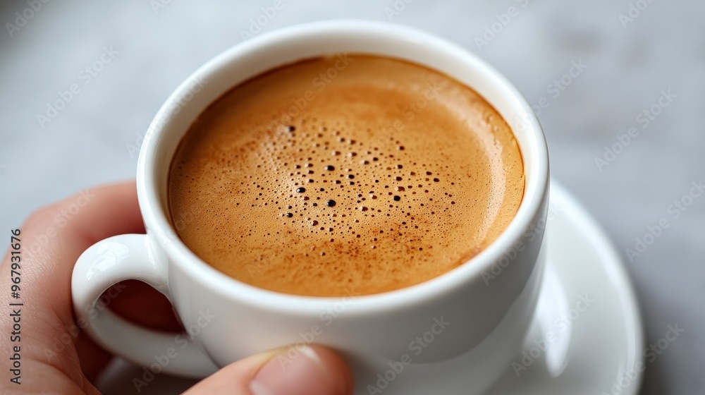 Top-Down View of Hand Holding Coffee Cup on Light Background