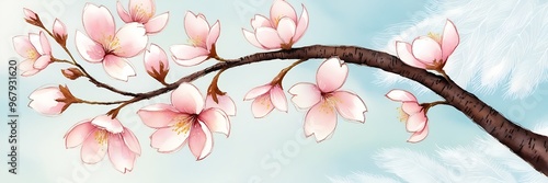 Pink cherry blossoms on branch with white feathers resting on top, set against a serene blue background. Ideal for springthemed designs photo