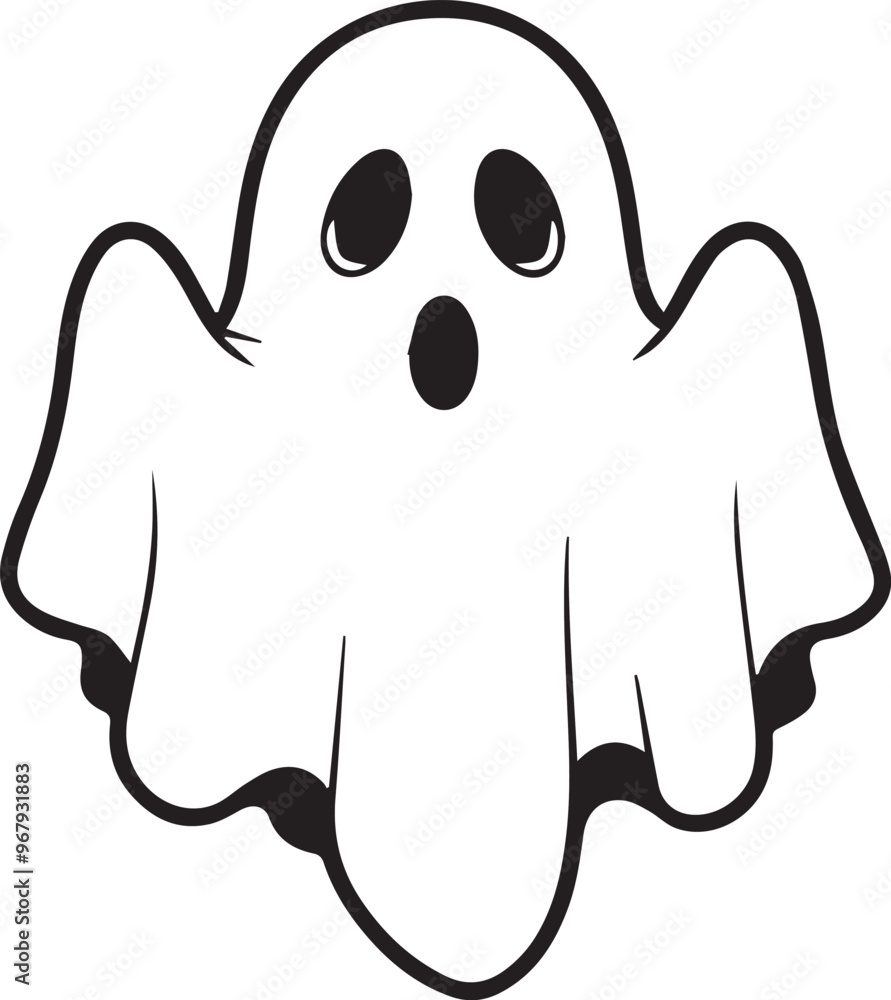 A simple and minimalist silhouette of a cheerful ghost. The ghost is completely white with a wide, friendly smile and large oval eyes, giving it a playful and approachable appearance A simple and minimalist silhouette of a cheerful ghost. The ghost is completely white with a wide, friendly smile and large oval eyes, giving it a playful and approachable appearance