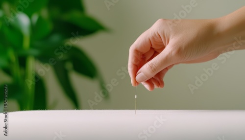 Acupuncturists hands delicately placing needles on a patients skin, clean and serene background, professional healthcare setting photo