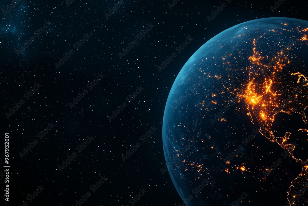 Naklejka premium An abstract representation of global digital networks, featuring Earth illuminated by streams of data in neon blue and orange hues, set against a deep space backdrop