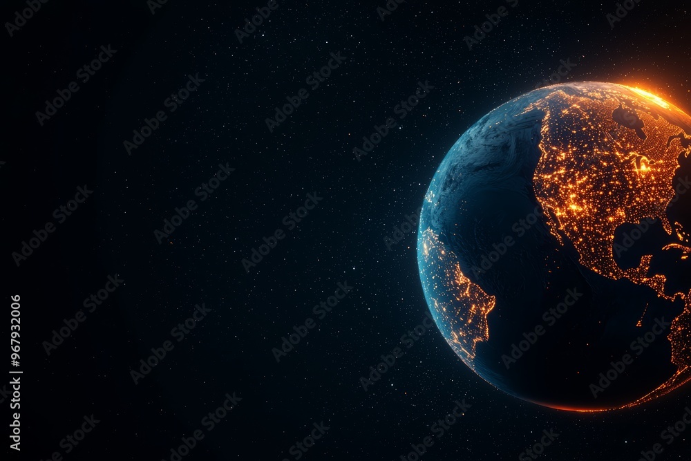 Obraz premium An abstract representation of global digital networks, featuring Earth illuminated by streams of data in neon blue and orange hues, set against a deep space backdrop