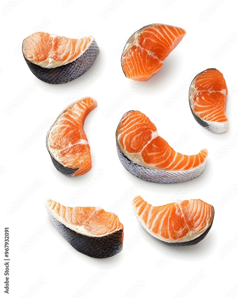 Slices of salmon arranged on a white background. Slices of salmon arranged on a white background.