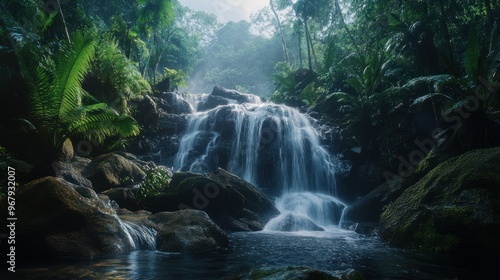 A serene waterfall cascading through a lush, tropical forest.