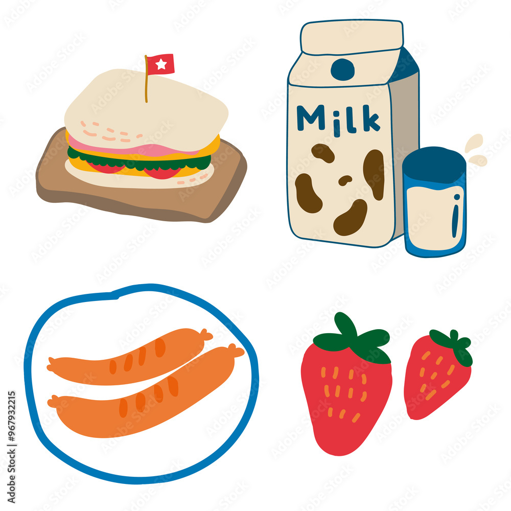 Cute food doodle sticker design element set Cute food doodle sticker design element set