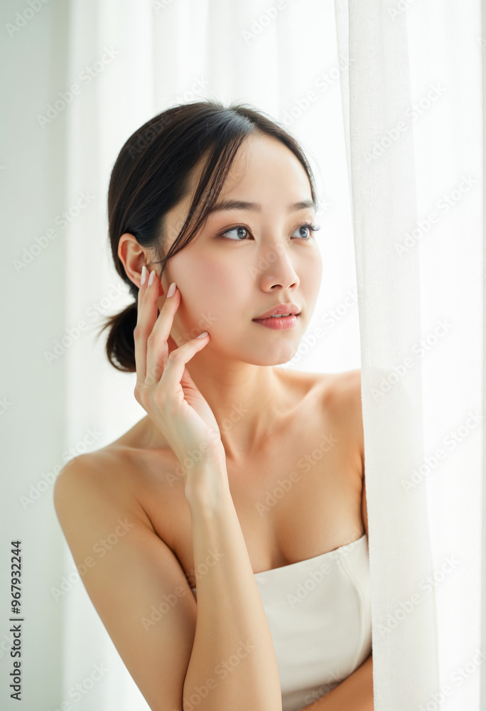 Beautiful Asian woman healthy skin care soft clean skin female beauty model touching face treatment spa concept natural makeup portrait young girl posing near window morning lifestyle Beautiful Asian woman healthy skin care soft clean skin female beauty model touching face treatment spa concept natural makeup portrait young girl posing near window morning lifestyle