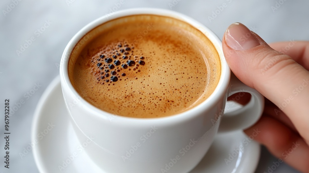 Top-Down View of Hand Holding Coffee Cup on Light Background Top-Down View of Hand Holding Coffee Cup on Light Background